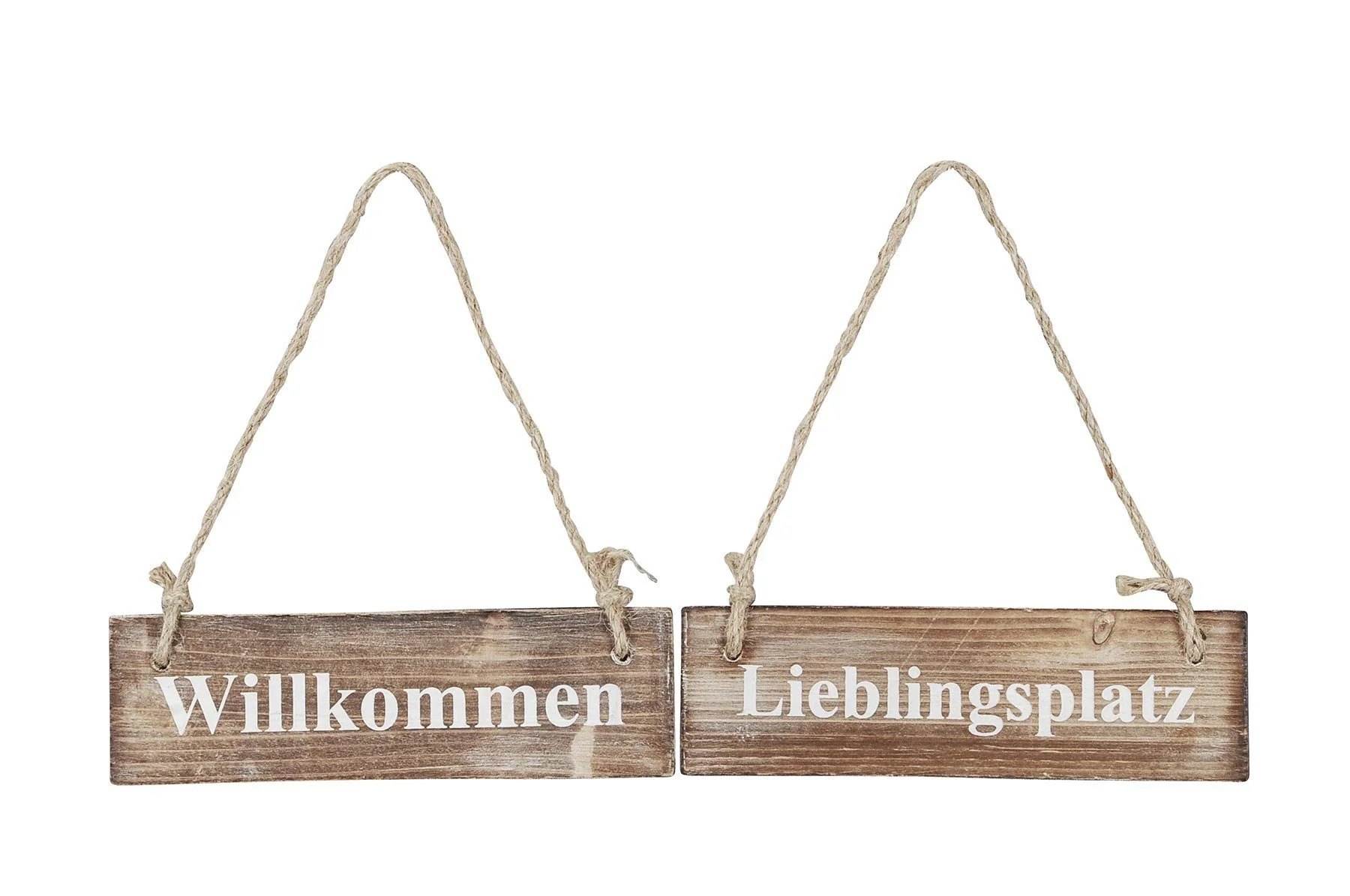 2er-Set Wandbilder aus Holz – „Willkommen“ & „Lieblingsplatz“, 20×6 cm